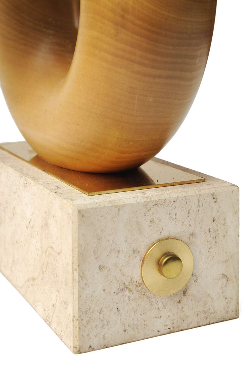 Late 20th Century Midcentury Travertine and Wood Sculpture Italian Table Lamp, 1970s For Sale